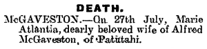 Marie Atlantia McGaveston Death Poverty Bay Herald, Volume XLIV, Issue 14362, 30 July 1917, Page 2